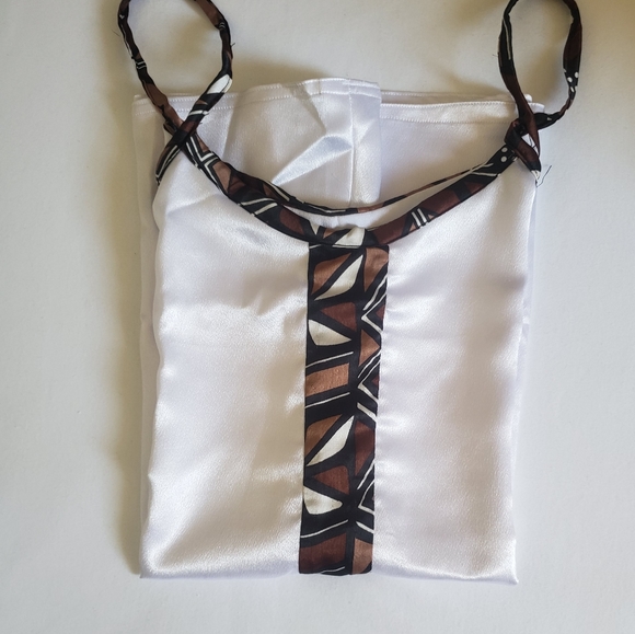 Silk African Print Sleepwear White BLK Brown Size L - Picture 6 of 8